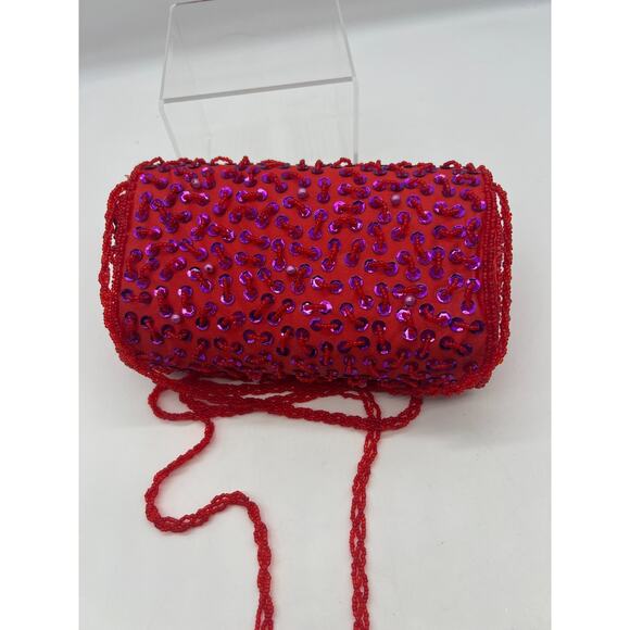 Evening Formal Wedding Red Purple Sequin Barrel Snap Purse Red Hat Ladies - Picture 7 of 9